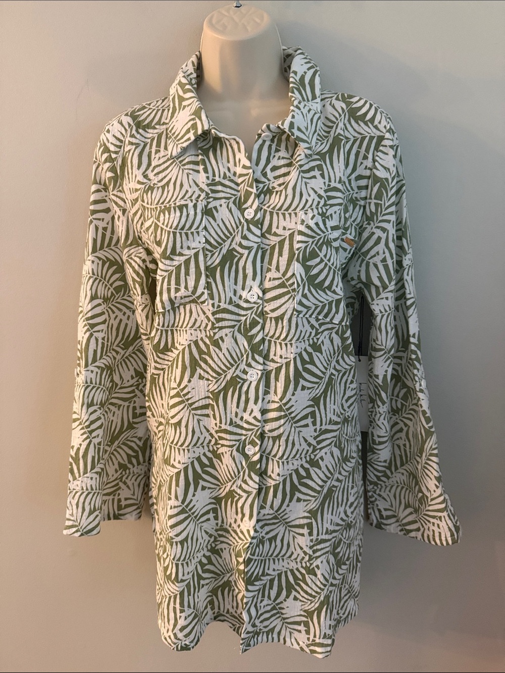 Nicole Miller Olive Green & White Leaf Print Button-Down Tunic Cotton Top Medium